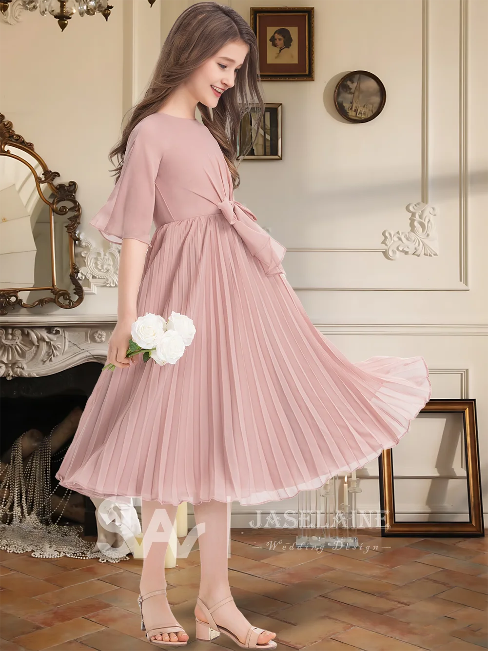 A Kids Elegant A Line Scoop Knee Length Chiffon Junior Bridesmaid Dress With Bow Pleated Flower Girl Dress For Wedding Party