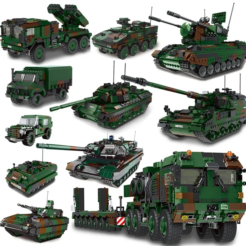 DIY Duitsland Militaire Serie HX-8 Elefant Tractor PZH2000 Kanon Luipaard Tank Lars-2 Rocket Launcher Bouwstenen Bricks - afbeelding 2