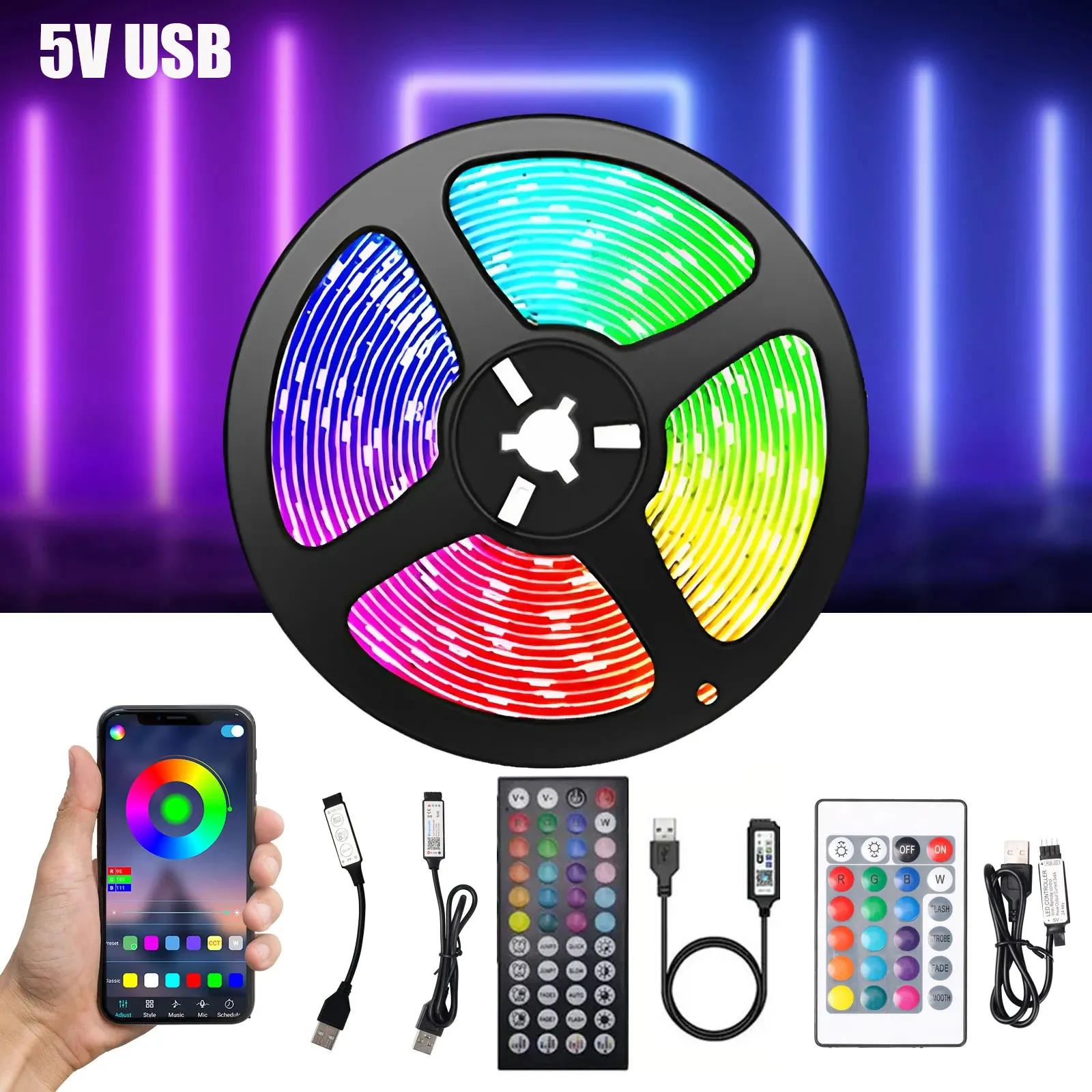 USB LED Strip Light Bluetooth RGB Lights Elastyczna lampa podświetlająca TV 5050 5V 15LED/Meter LED Tape Diode Phone APP 1-30m Do pokoju