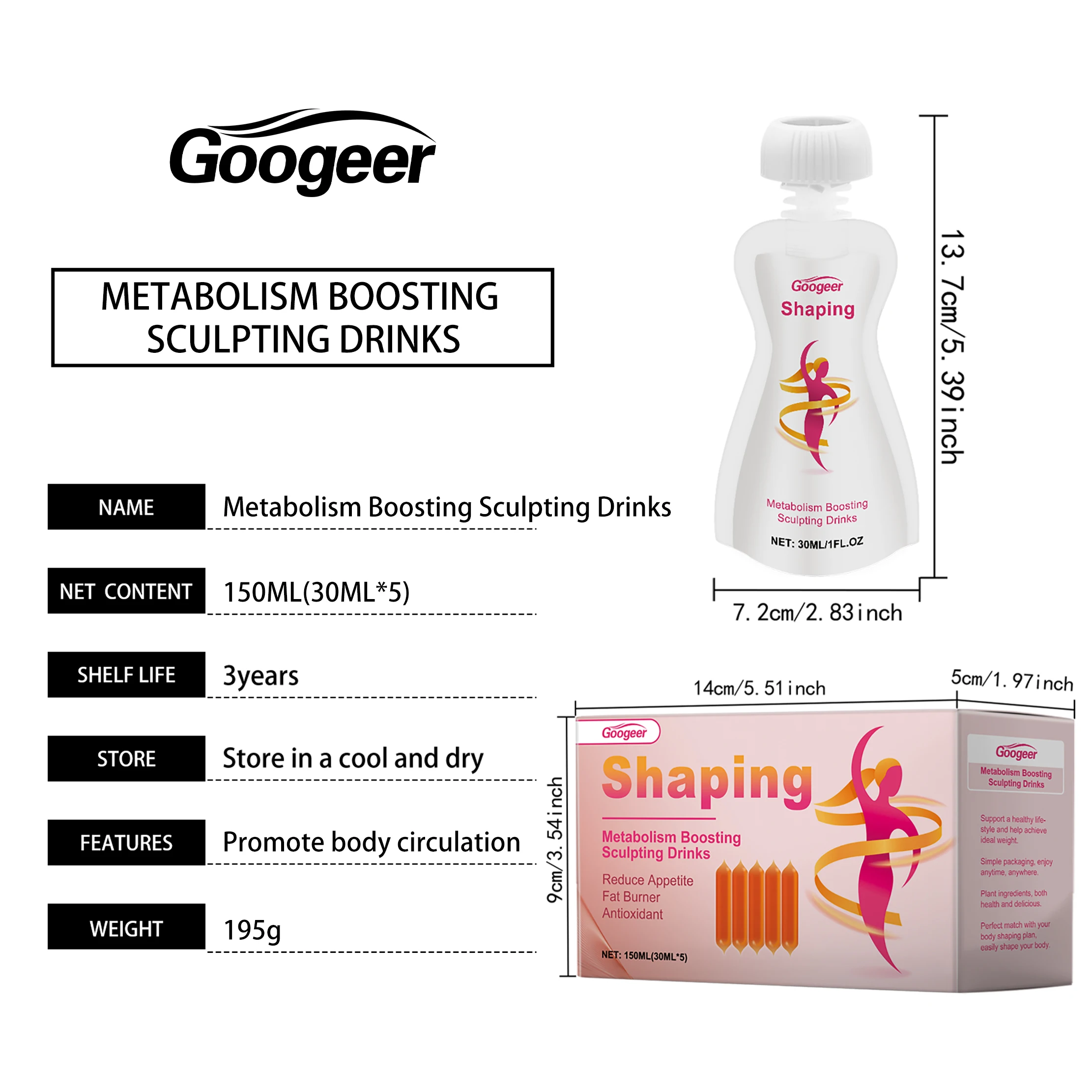 Googeer 150 مللي مشروب الجسم التخسيس تعزيز التمثيل الغذائي حرق الدهون مناعة الطاقة دعم فقدان الوزن تشكيل منحنيات الجسم شرب