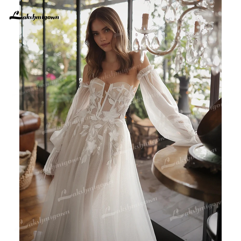 Lakshmigown Sexy Sweetheart Collar Manica a sbuffo Top in pizzo Una linea Abito da sposa Personalizzato Boho Abiti da sposa abiti da sposa robe