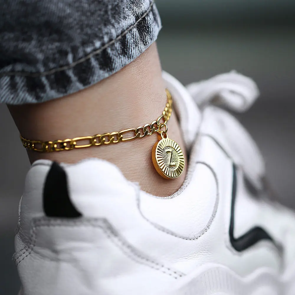 

New 5mm Gold Color Initial Letter Pendant Charm Stainless Steel Figaro Chain Anklet Bracelet For Women Girls Jewelry