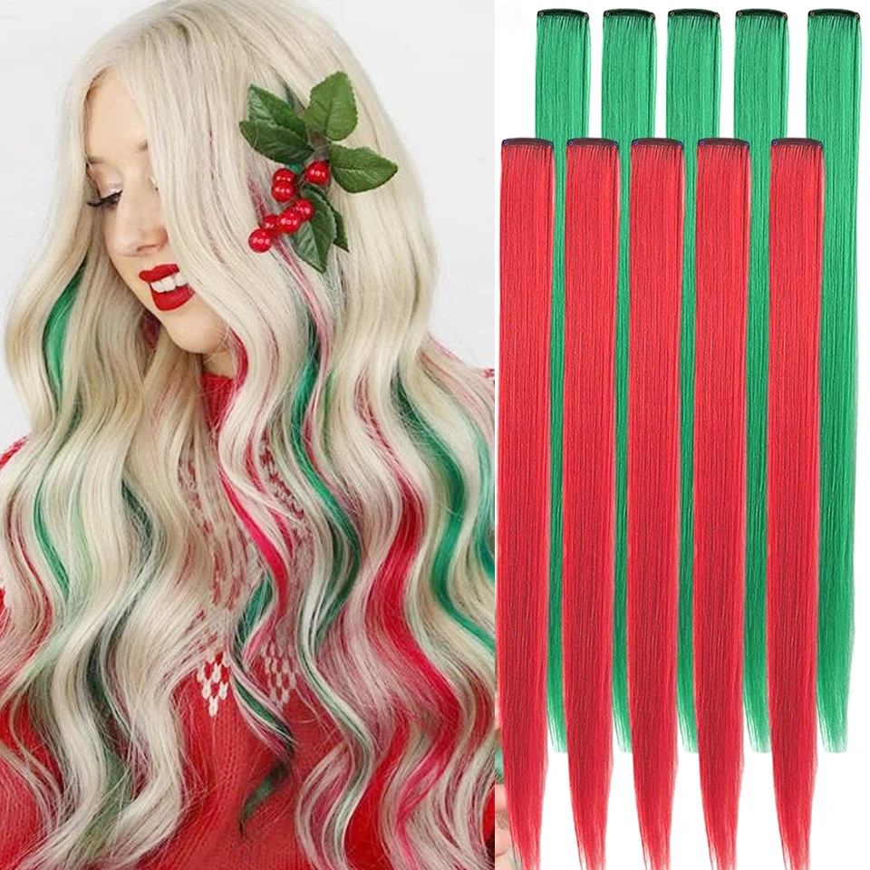 Ekstensi Rambut Warna Sintetis Rambut Lurus Warna-warni Highlight Potongan Rambut Aksesoris Rambut untuk Wanita Hadiah Natal Tahun Baru