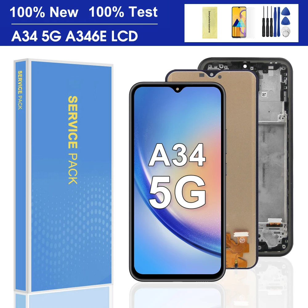 100% Tested For Samsung A34 5G SM-A346E A346B LCD Display Touch Screen With Frame Digitizer Assesmbly Replacement Parts