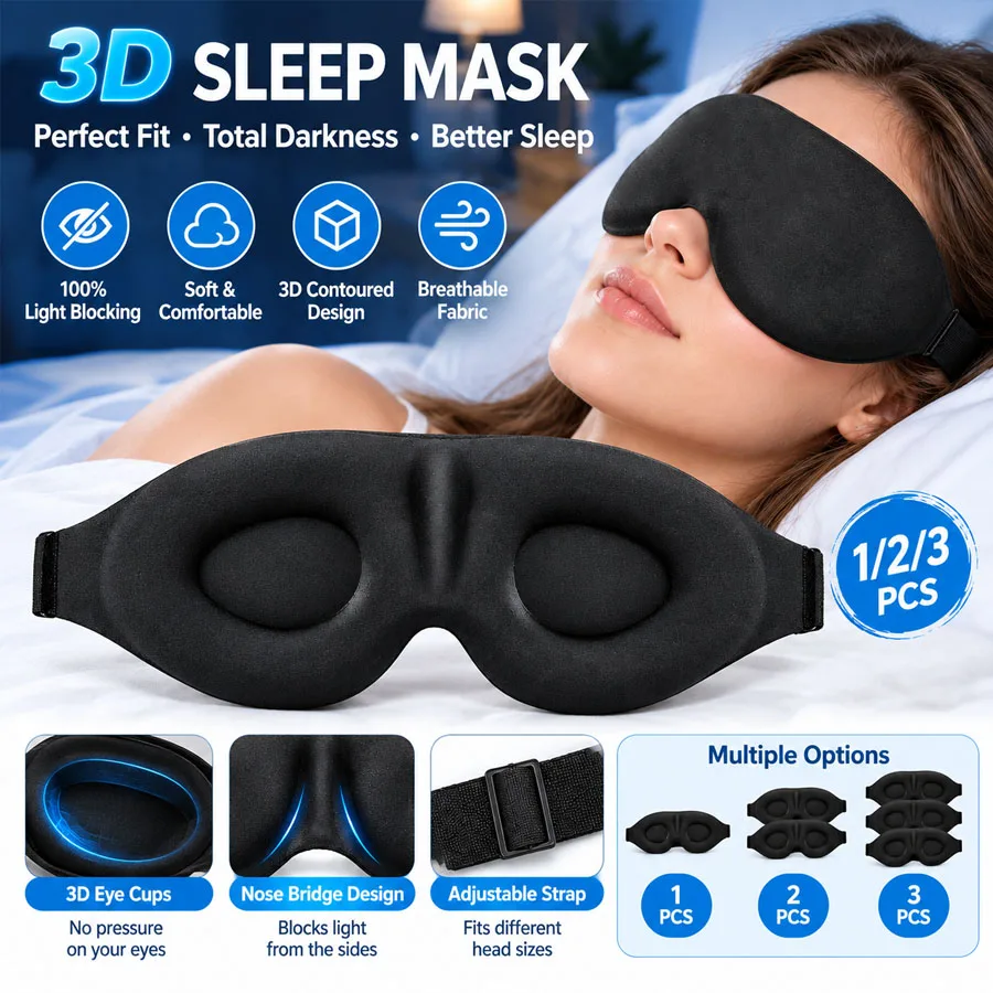 3-1pcs Unisex 3D Contoured Sleep Mask, Groove Molded Design Memory Foam Light Blocking Eyemask, Soft Comfortable for Travel Yoga