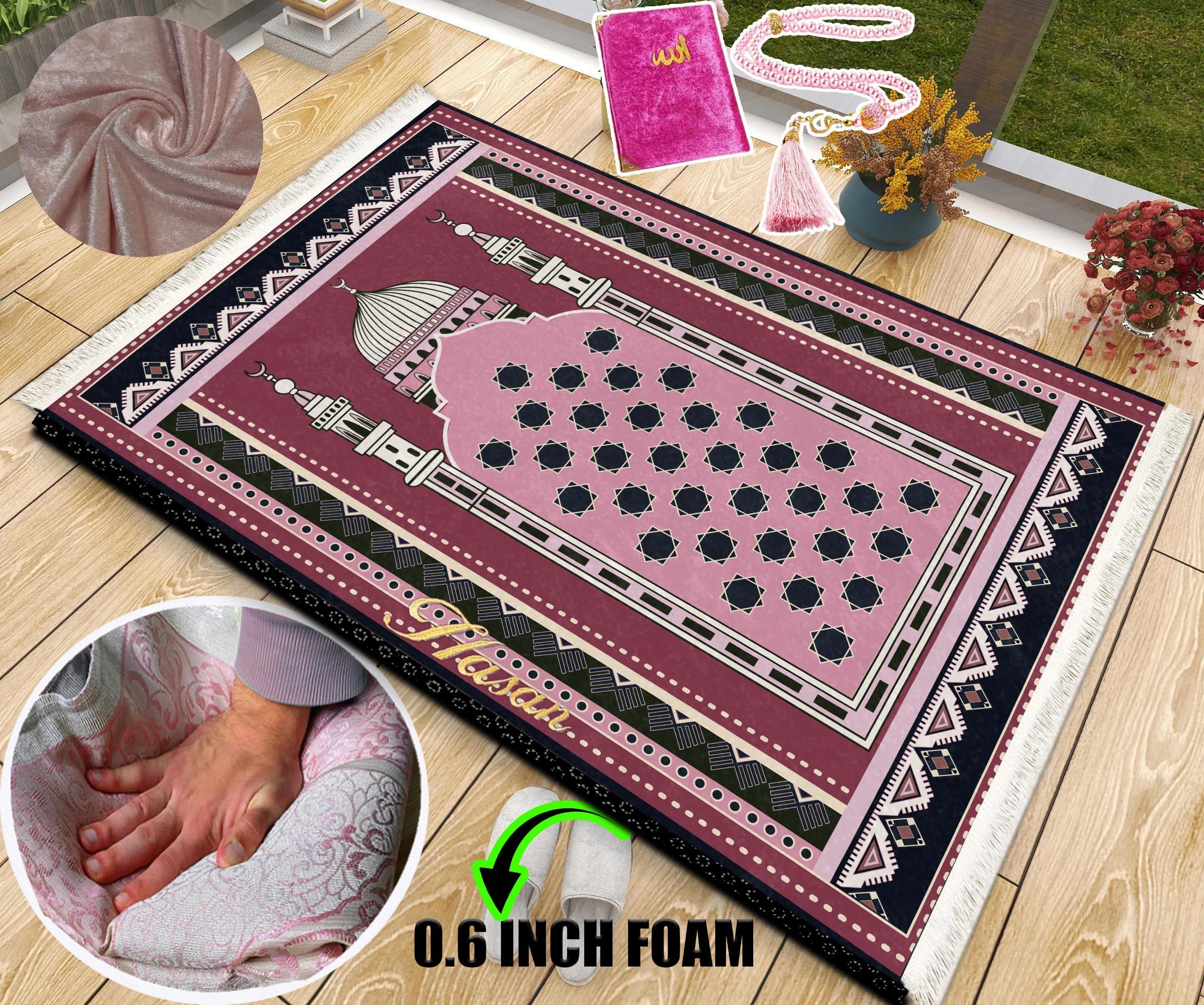 

Extra Thick Foam Padded Pink Mosque Turkish Prayer Rug With Luxury Yaseen, Soft Praying Mat Carpet & Pearl Tasbeeh, İslamic