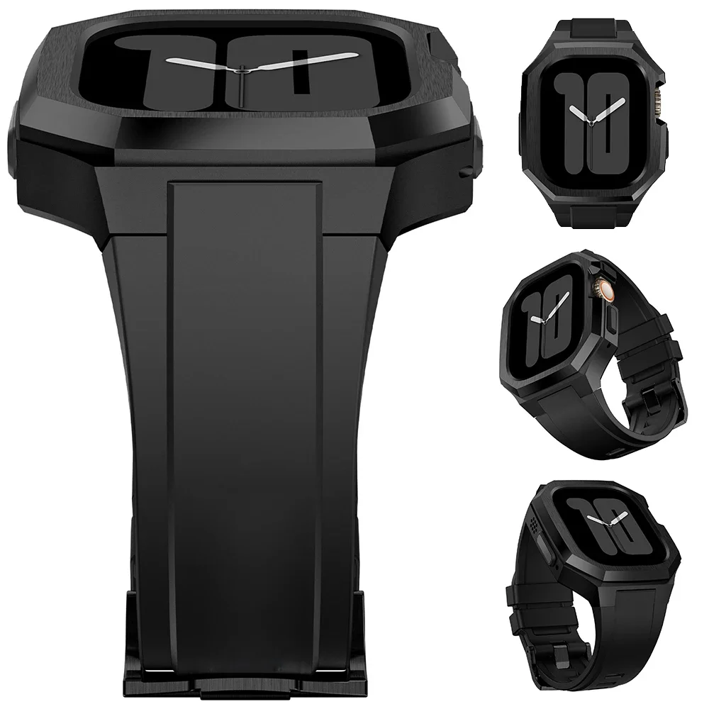 Zestaw modów ze stali nierdzewnej do Apple Watch Ultra 2/1 49 mm 46 mm 45 mm 44 mm Pasek z gumy fluorowej do zegarków IWatch serii 10 9 8 7 6 5 4 3 — 2