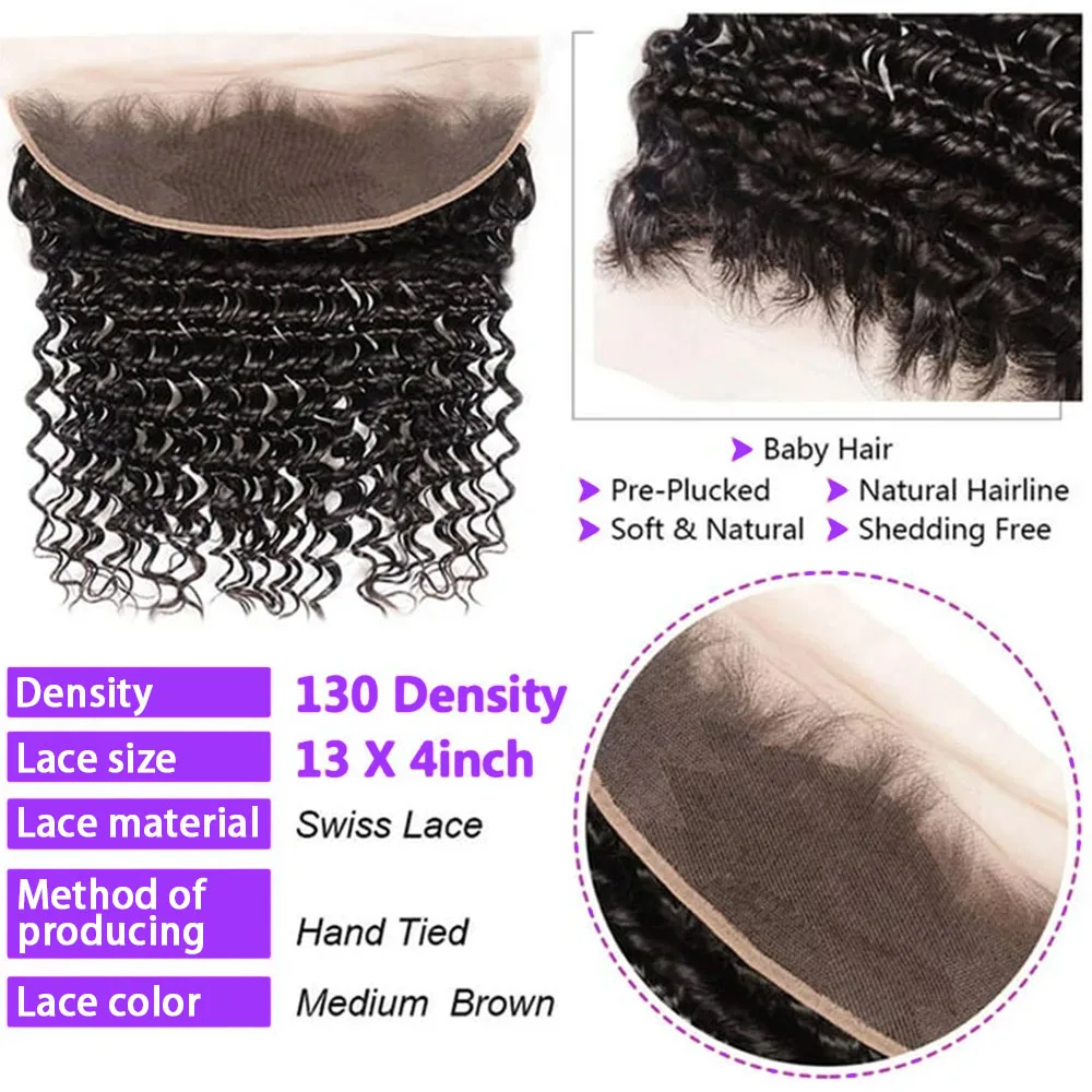 Curly Deep Wave 13x4 ปิดหน้าผากที่ยังไม่ได้บราซิล Curly Human Hair Bundles กับลูกไม้ด้านหน้าเปียกและหยัก