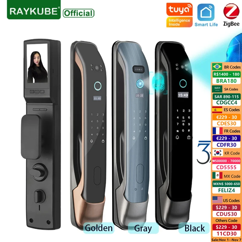 

RAYKUBE DF3 3D Eletronic Zigbee Door Lock Face Recognition Tuya Biometric Fingerprint Smart Door Lock with Camera Peephole