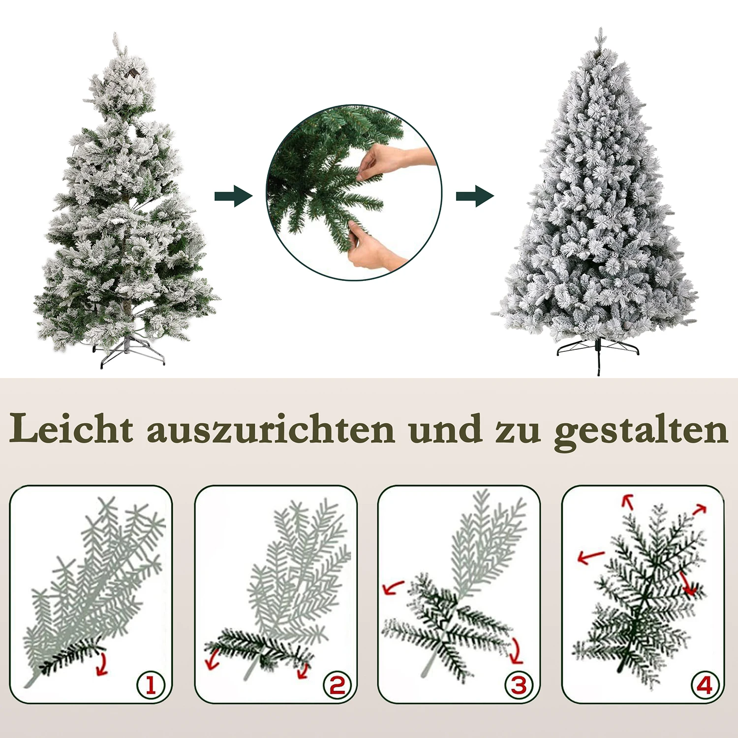 210 cm großer weißer Schnee-Kunstkerbaum mit 350 warmweißen LEDs, 1348 Spitzen, PVC + PE, Metallständer, faltbarer, einfach zu montierender Baum – Detail 8