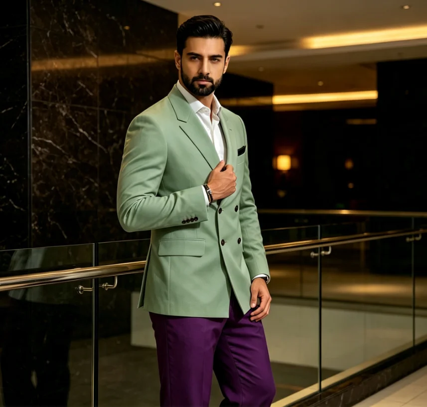 Double Breasted Suits for Men 2 Pieces Wedding Tuxedo with Pockets Slim Fit Formal Safari Blazer with Pants Set for Guest Prom