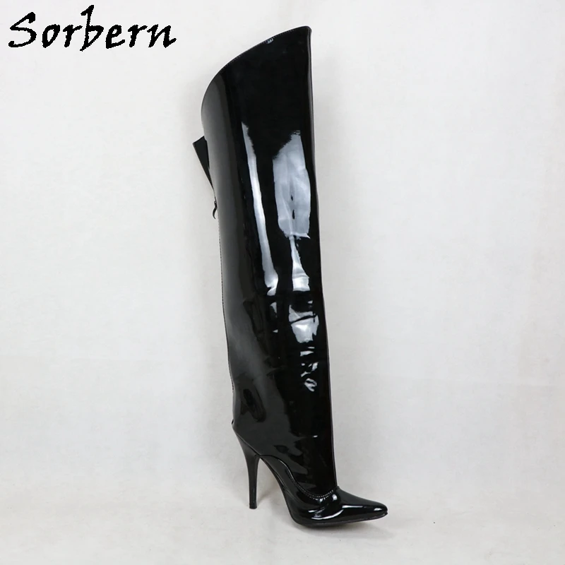 Sorbern 12cm czarne błyszczące buty damskie szerokie kostki szpiczasty nosek gruby wał Unisex bez pleców zamek bez Strechy niestandardowe z