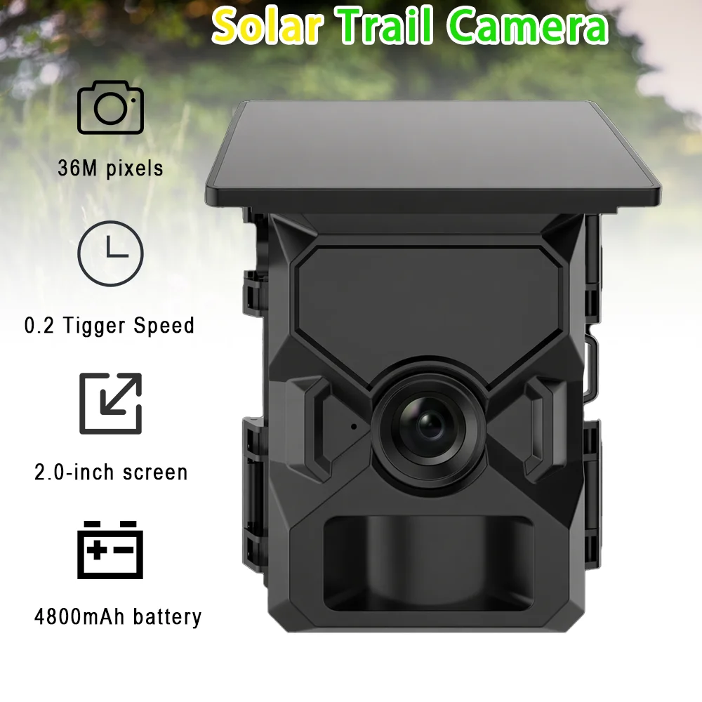 4K 60MP Solar-Powered Wildlife Tracking Camera, Security Surveillance, Hunting Camera, Waterproof Video and Photo Recorder