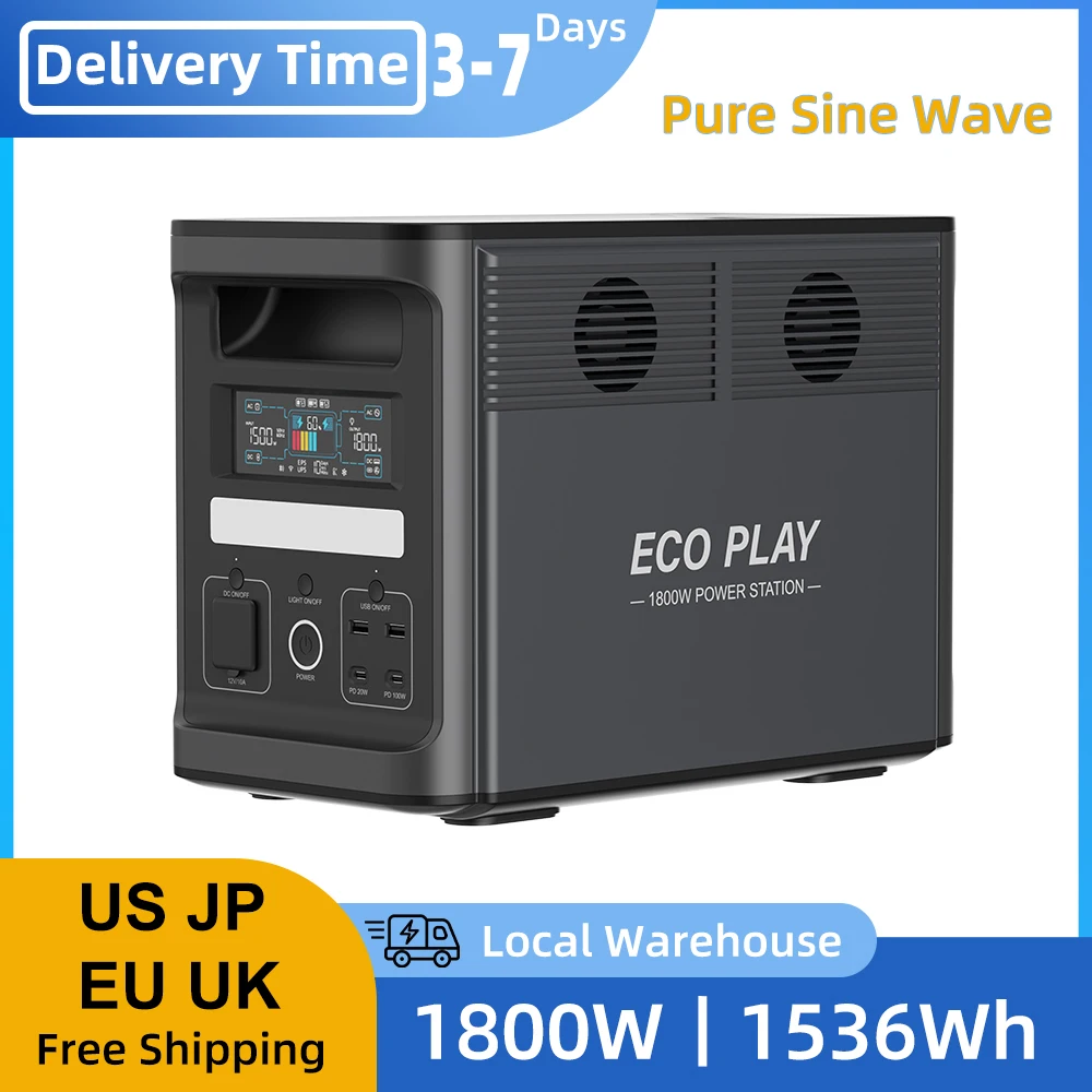 

Электростанция ECOPLAY, 1800/1536 Втч, аккумулятор LiFePO4, солнечный генератор с 3 розетками переменного тока (300 Вт пик), аварийное питание большой емкости