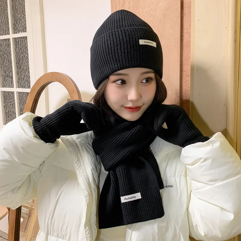 women-red-knitted-3pcs-set-—-imitation-cashmere-scarf-beanie-gloves-solid-color-warm-winter-accessories-christmas-gift