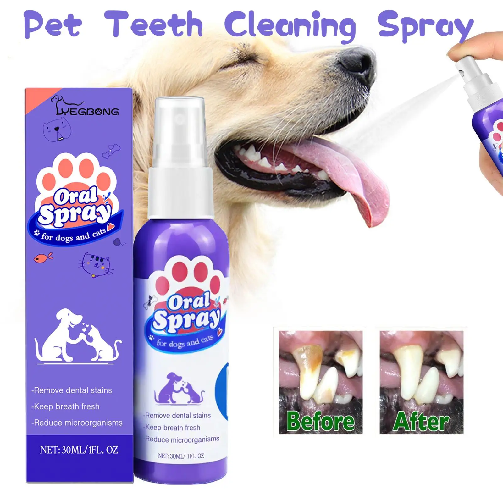 Yegbong 30ml Pet Teeth Cleaning Spray Cats Dogs Whitening Remove Bad Breath Tooth Stains Calculus Deodorant Pet Oral Care Spray