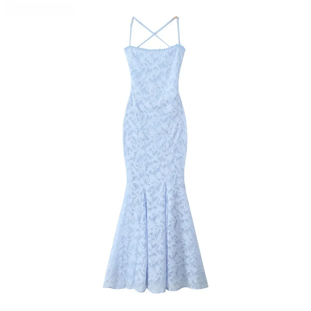 2024 Sexy Blauwe Jacquard Weave Bandage Cross Vetersluiting Backless Sling Jurk Vrouwen Gesplitst Kant Houten oren Midi Lange Zeemeermin Jurk - afbeelding 2