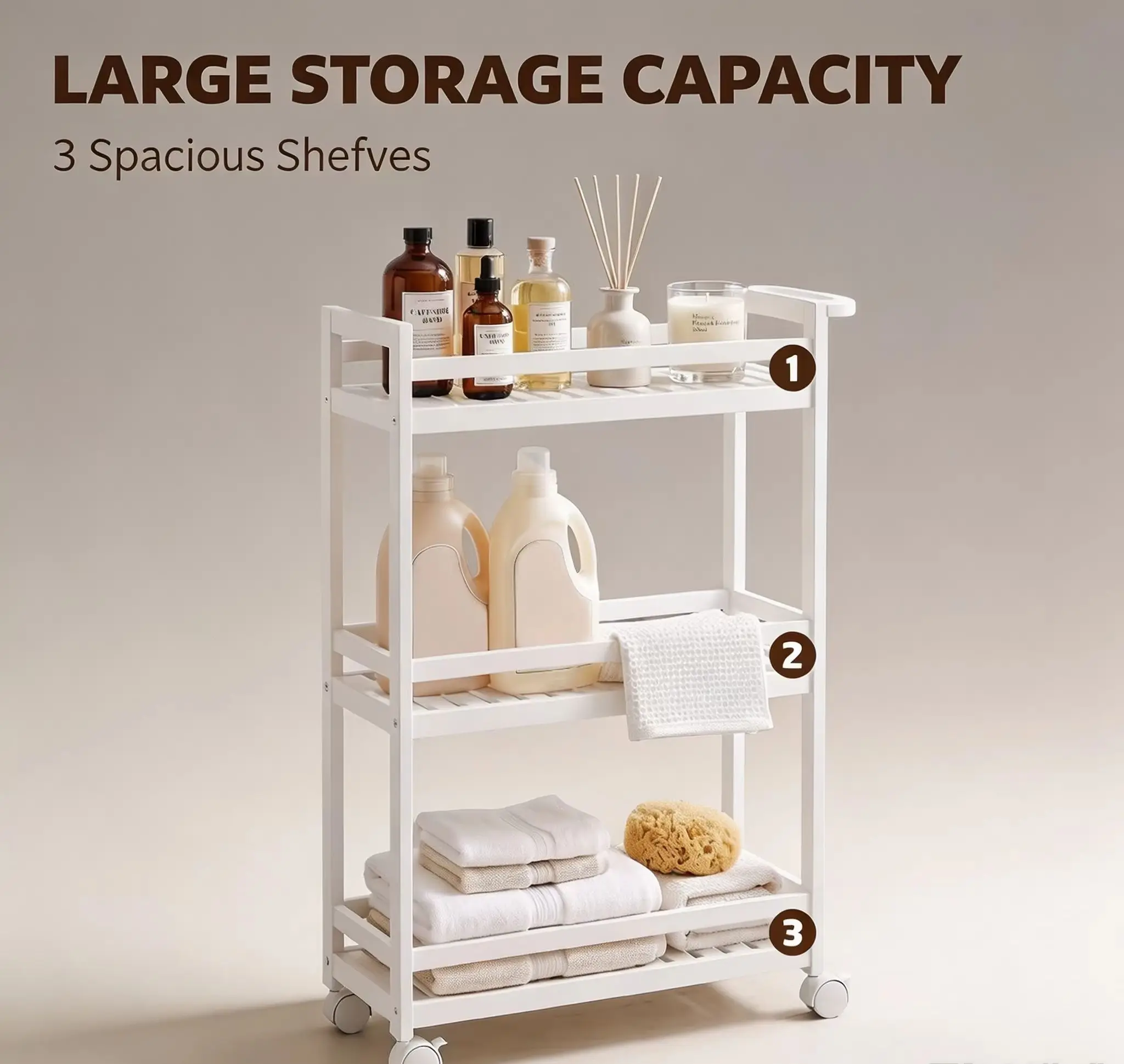 Chariot de service en bambou à 3 niveaux avec étagères à lattes et barrières latérales anti-chute, support de présentation étroit et pratique, étagère de rangement peu encombrante pour cuisine, salon, bureau – 55x20x75cm