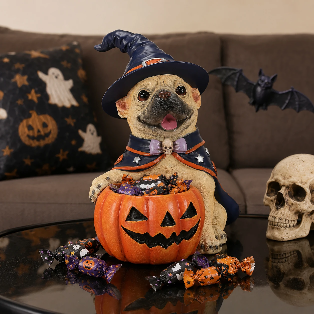 Halloween French Bulldog Witch Puppy Figurine, Cute Dog Holding Pumpkin Candy Bowl Decoration