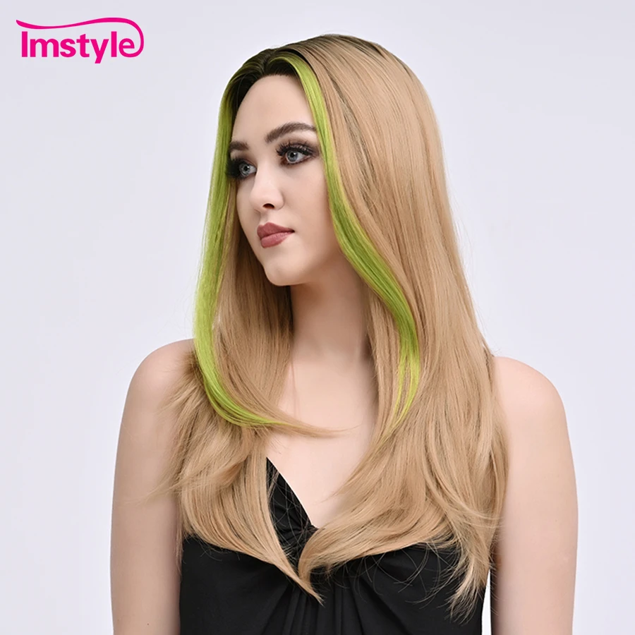 Imstyle Synthetische Kant Voorkant Pruik Blonde Pruik Highlight Groen Steil Haar Middendeel Pruik Hittebestendige Cosplay Pruiken Voor Vrouwen