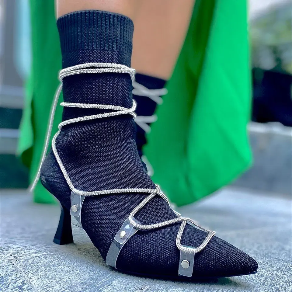 

Women's Stiletto High Heels Fashion Ankle Boots Knit Pointed Toe Shoes Sexy Stiletto for Women Knit Sock Ankle Booties 2022