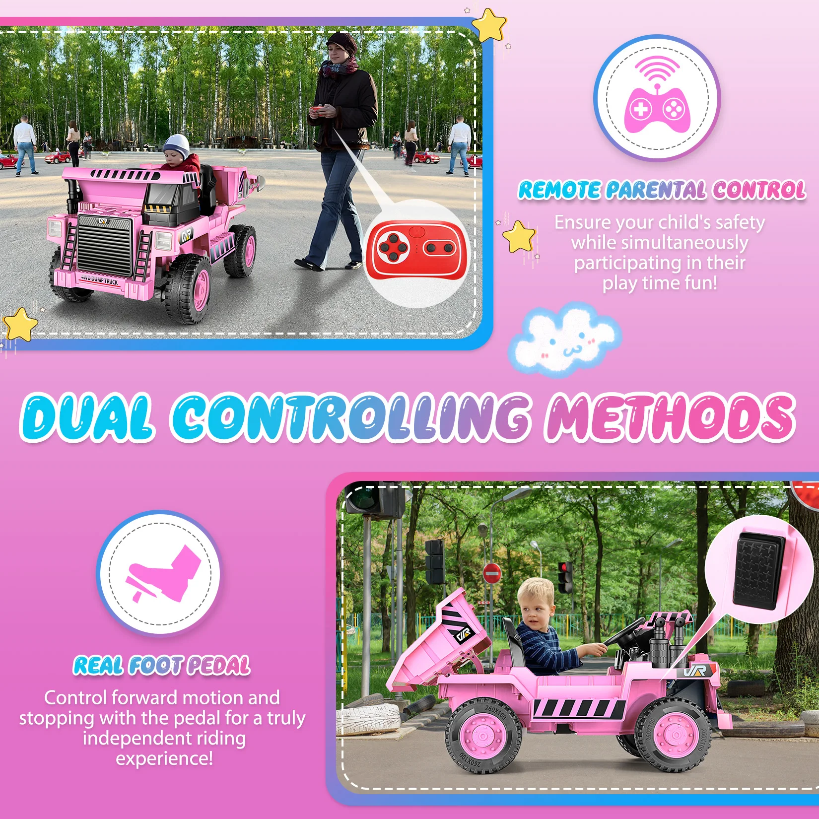 Camion à benne basculante pour enfants, voiture électrique avec télécommande, lit à benne basculante, pelle, Bluetooth, véhicule de construction, rose