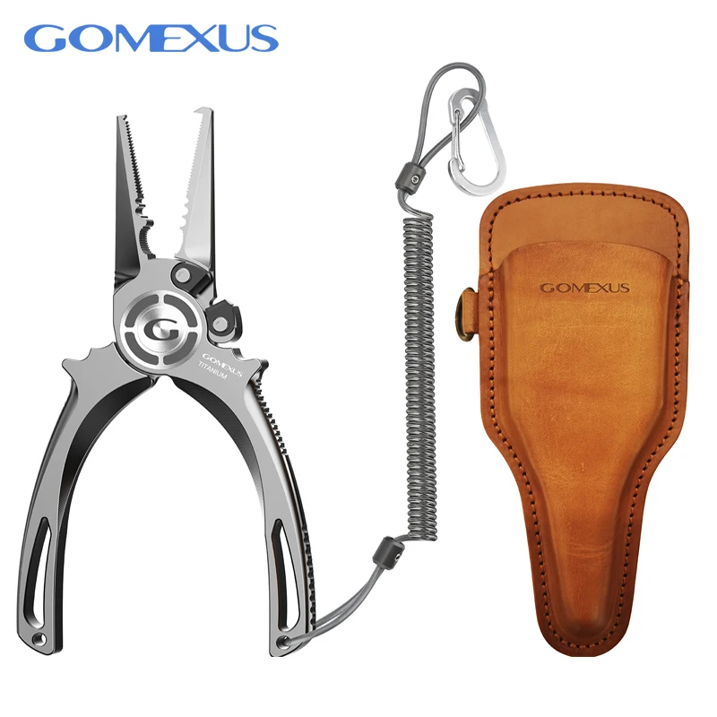 Gomexus Titanium Fishing Pliers 7'' with Side Cutters, Lanyard, & Leather Sheath, Never Rust Hook Remover, Saltwater Resistant,