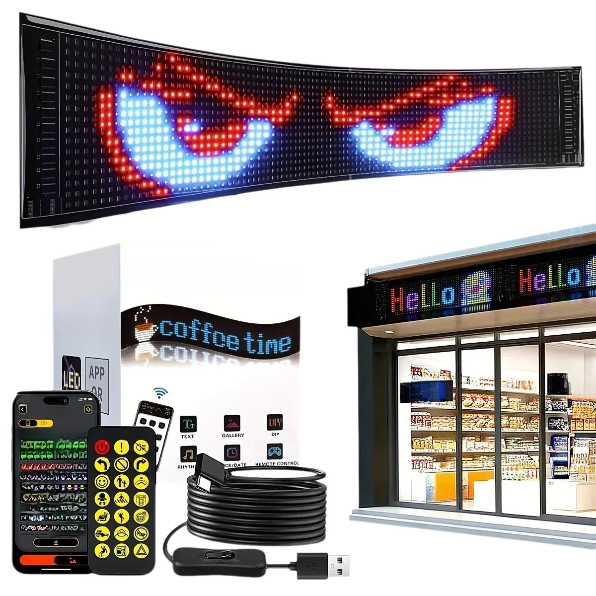 USB Flexible LED Matrix Scrolling Advertising LED Sign Panel Control DIY Car Rear Window Logo Light Sign