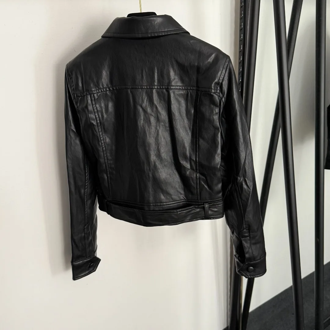 

Spring and summer women's lace up waist double pocket handsome motorcycle long sleeved short PU leather jacket SU111