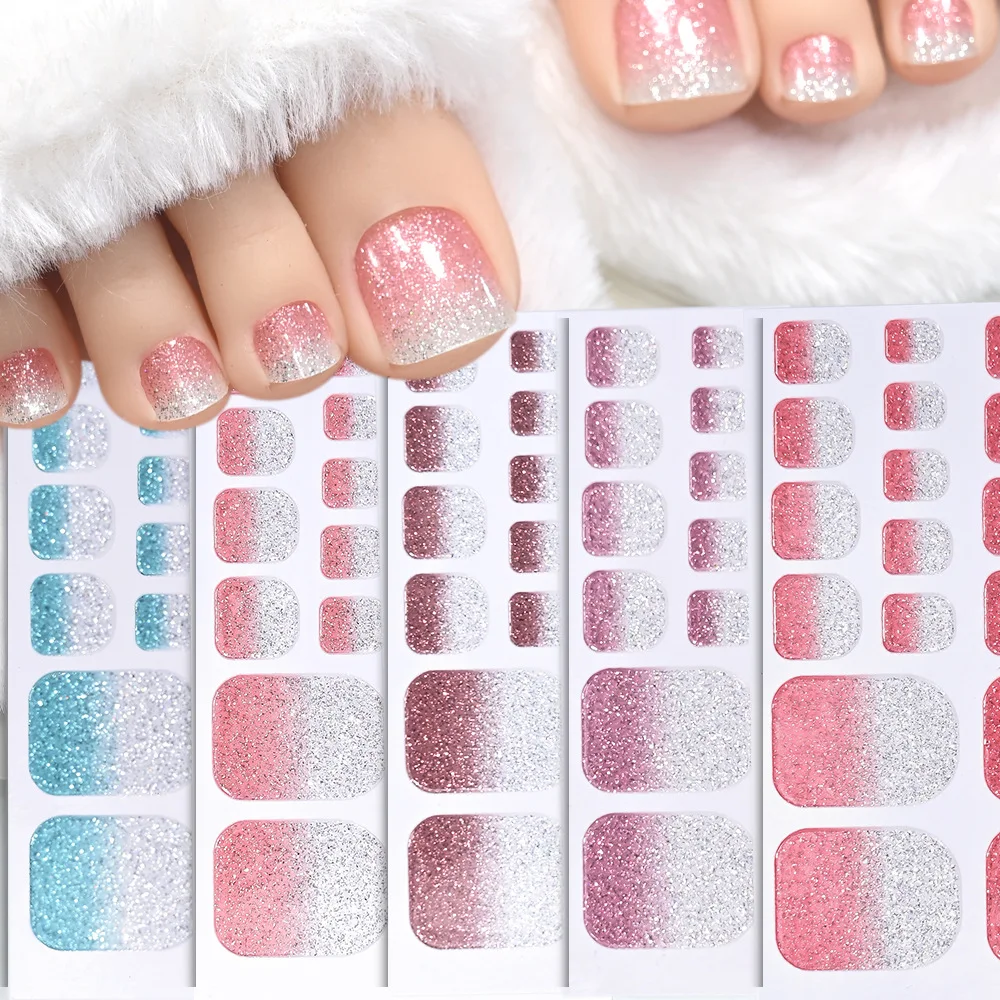 3 Sets of Western-style Square Short Toenail Wraps – Glitter Ombré Waterproof Nail Polish Stickers 22 Pieces Per Set