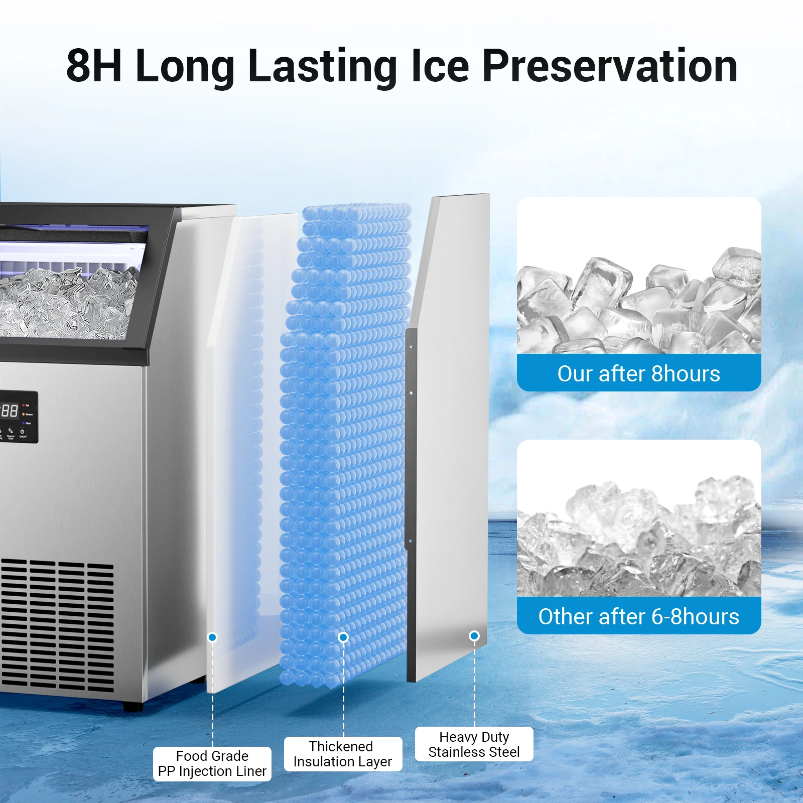 ماكينة صنع الثلج التجارية المعتمدة من ETL بسعة 200 رطل/24 ساعة، سعة 45 رطلًا قائمة بذاتها وصانعة الثلج تحت العداد، مكعبات ثلج شفافة