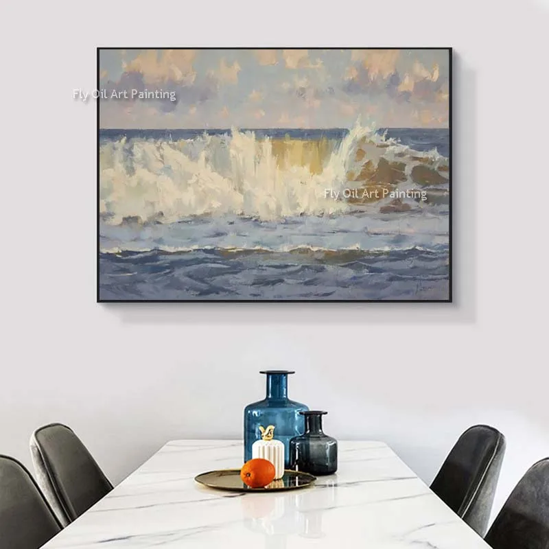 Huge Waves Beautiful Sea View Oil Painting Modern Summer Ocean Scape Handmade Blue Cnavas Artwork For Home Office ModernDecor