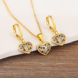 Nidin Sparkling Colorful Zircon Love Heart Necklace Earrings Delicate Romantic Sweet Women Girls Fine Pendant Jewelry Sets Gift