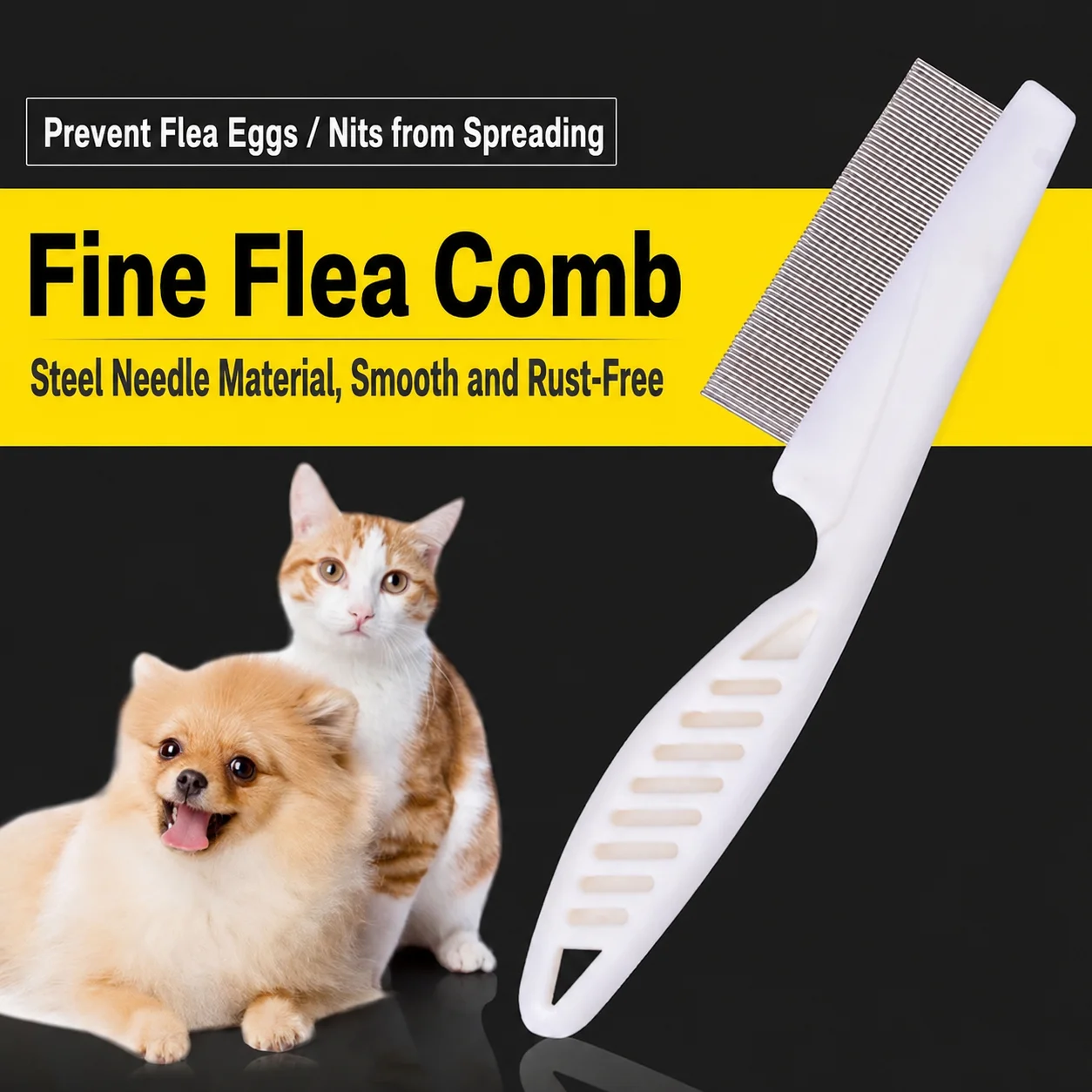Pet Flea Comb for Dogs Cats, Fine Tooth Stainless Steel Grooming Comb, One-Click Self-Cleaning Hair Removal Brush