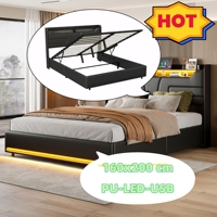 160x200 cm bed cushion black PU with light bar and charging, with air lever function (mattress not included)
