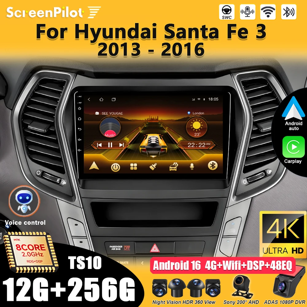 For Hyundai Santa Fe 3 2013-2016 Android 16 Car Radio Intelligent System 8 Core GPS Navigation Wireless Android Auto Mirror Link
