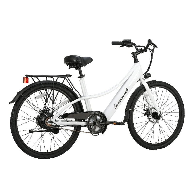 Supermach 26-in E-bike with Full Suspension, 500W Motor, Double Clip Brake, Step Through,