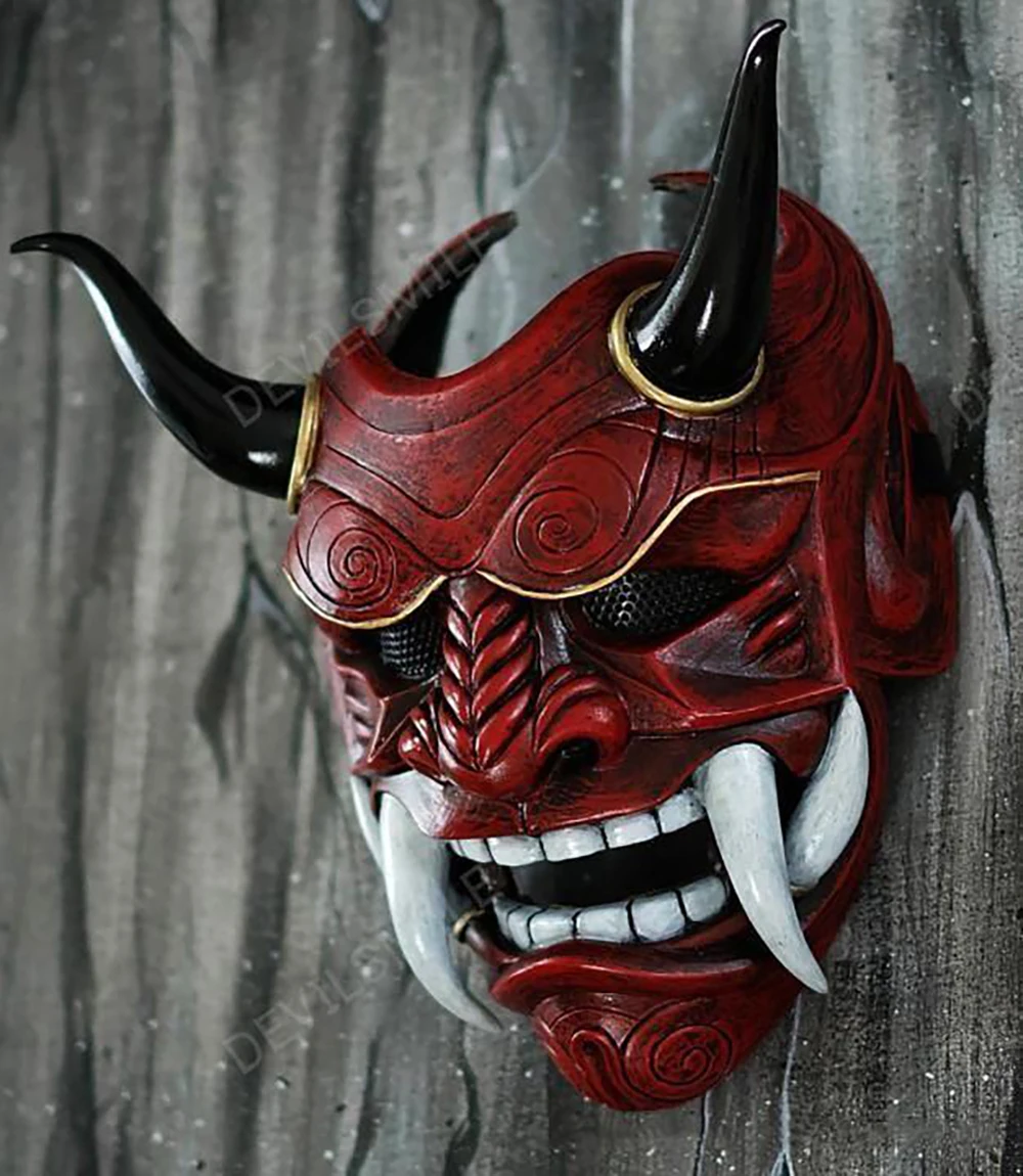 Japanese Hannya Demon Mask Ghost Oni Samurai Noh Kabuki Red Prajna Latex Mask Adult Unisex Halloween Cosplay Props