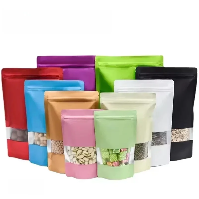 100szt Niestandardowa srebrno-złota przezroczysta nakrętka Przekąska Popcorn Stand Up Aluminiowa folia Zip Lock Pouch Zamykana termozgrzewalna plastikowa torba okienna — zdjęcie 2