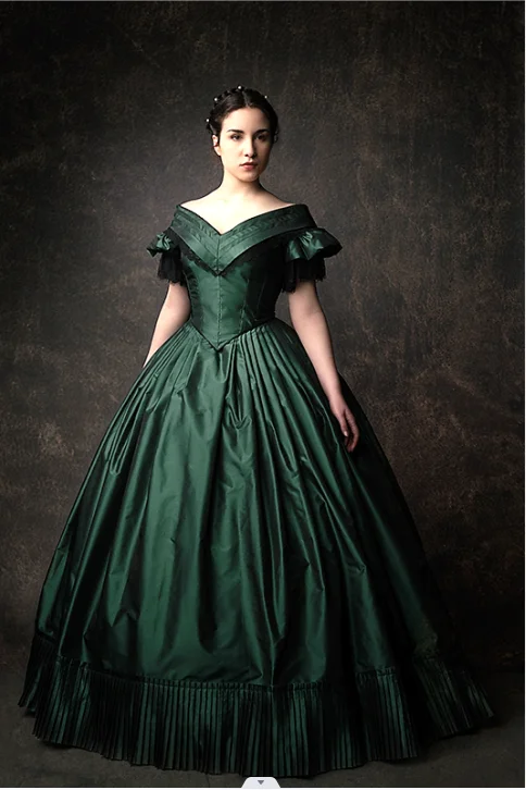 

18th Century Civil War Southern belle Green Dress Victorian Off Shoulder Evening Dress women’s Vintage Elegant ball gown