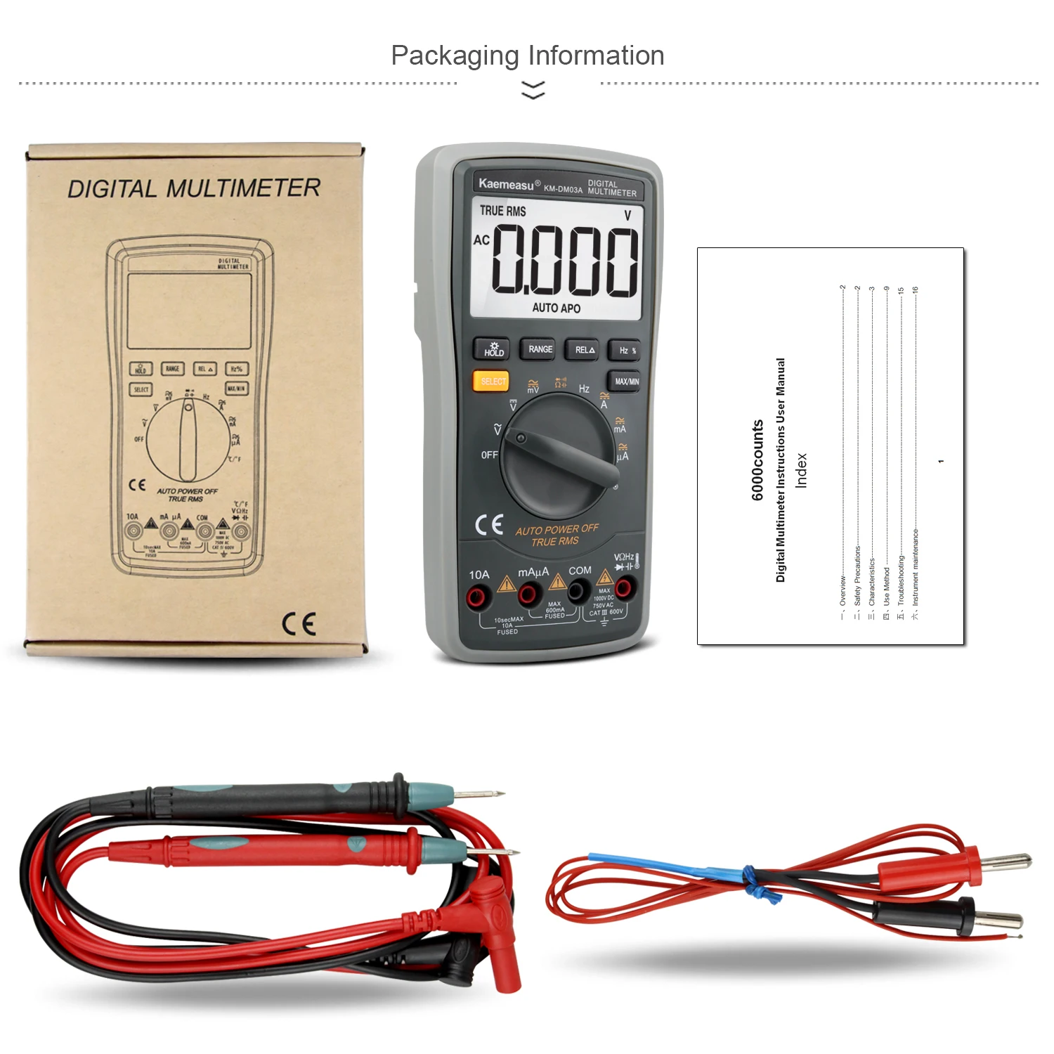 6000 Count Automatic Backlight AC/DC Voltage Meter Transistor Tester Frequency Diode Temperature Measurement Digital Multimeter