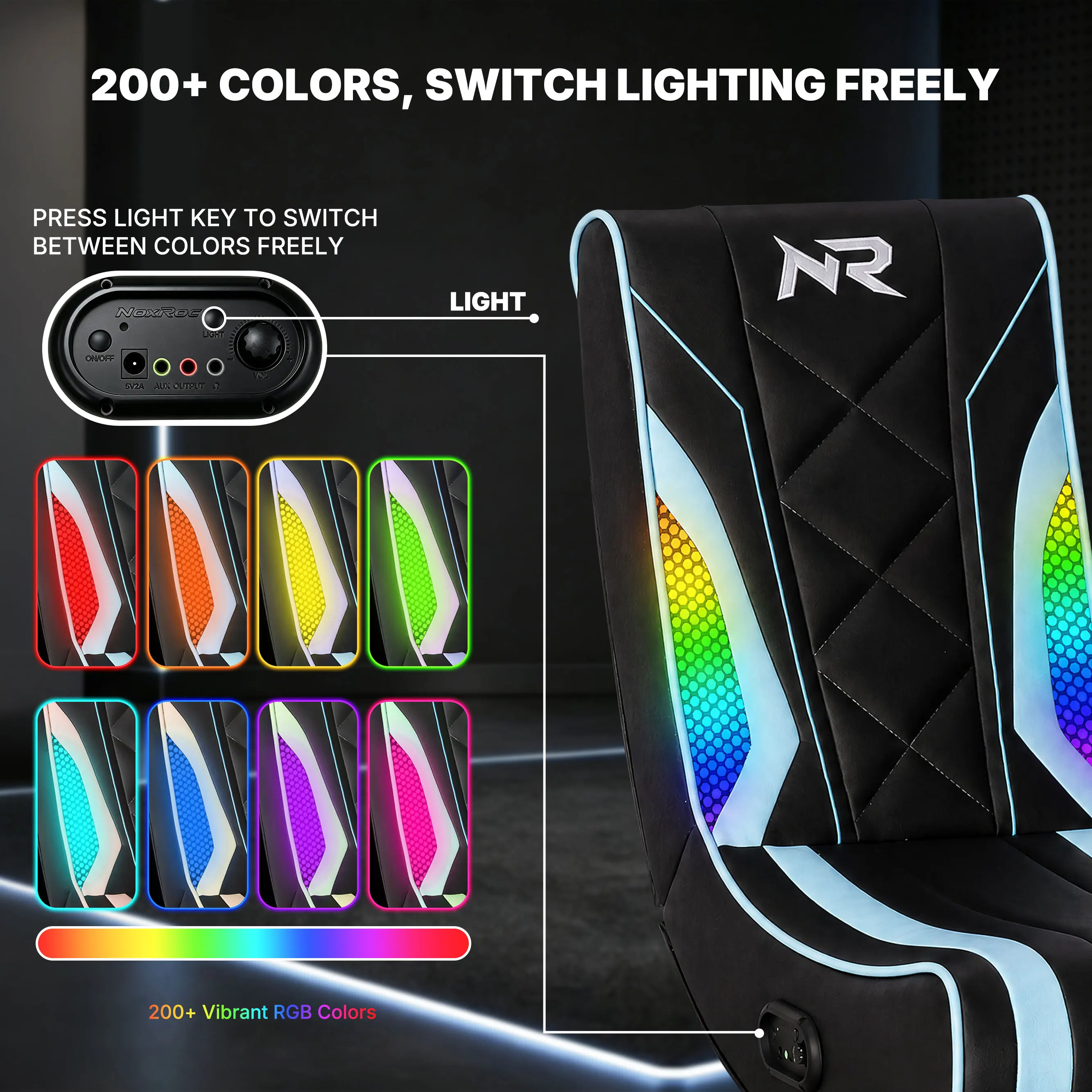 NoxRoc Floor Rocker Gaming Chair With RGB LED Lights, Built-in 2.0 speakers, Comfortable Gaming Chair for Kids & Adults, Black & Blue