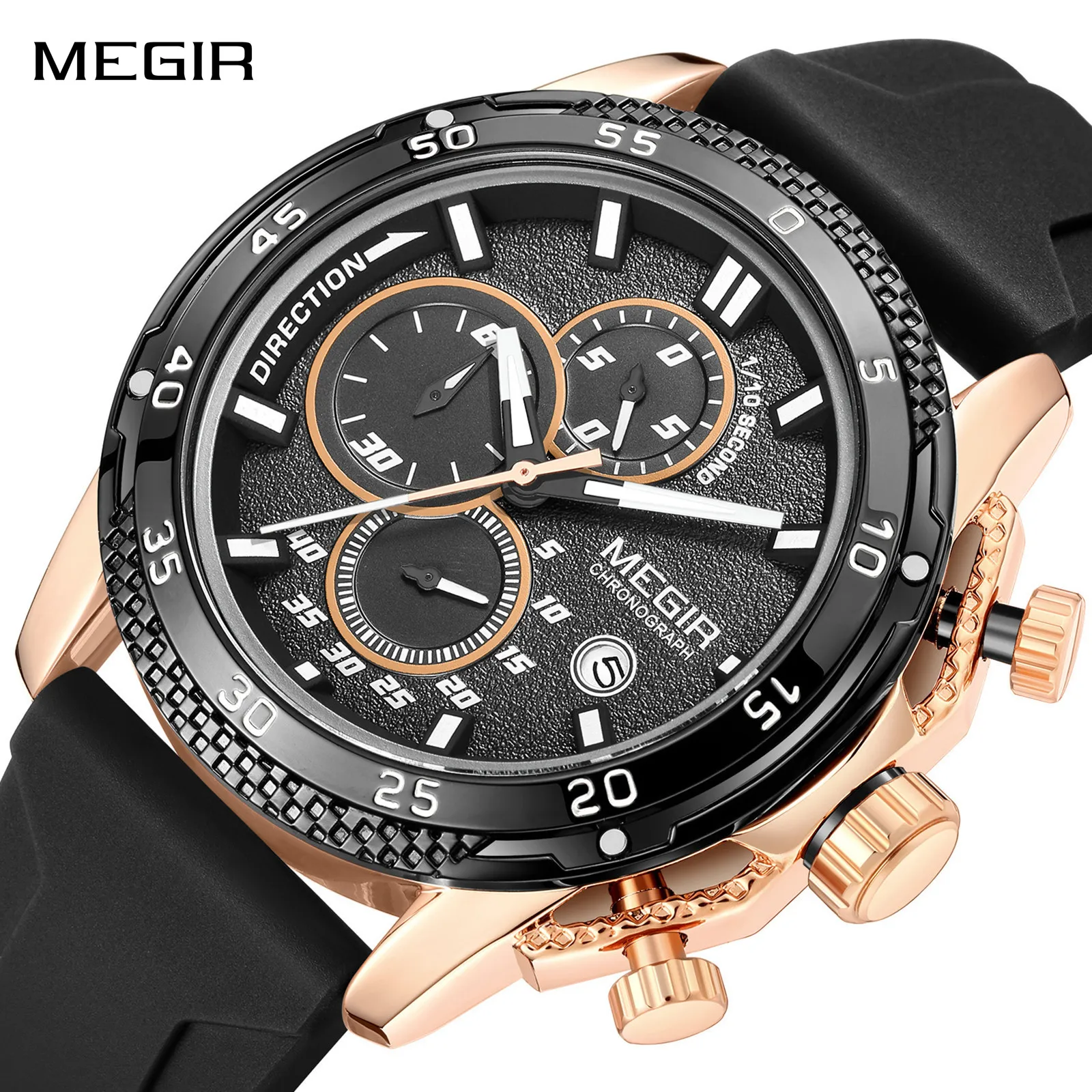 MEGIR Brand Fashion Men Watch Silicone Sports Wristwatch Quartz Chronograph Large Dial Luminous Hands Date Clock Reloj Hombre