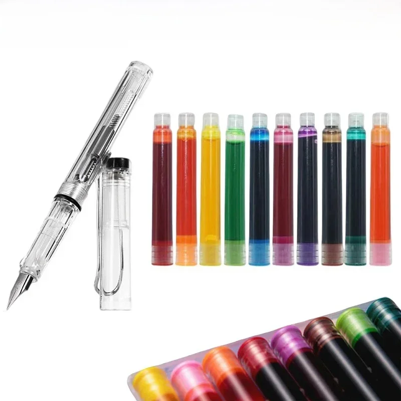 Ensemble de stylos plume transparents illables pour tous les jours, noir, bleu, rouge, plume EF, étudiant, école, papeterie de bureau, 10 documents disponibles, 0.5mm