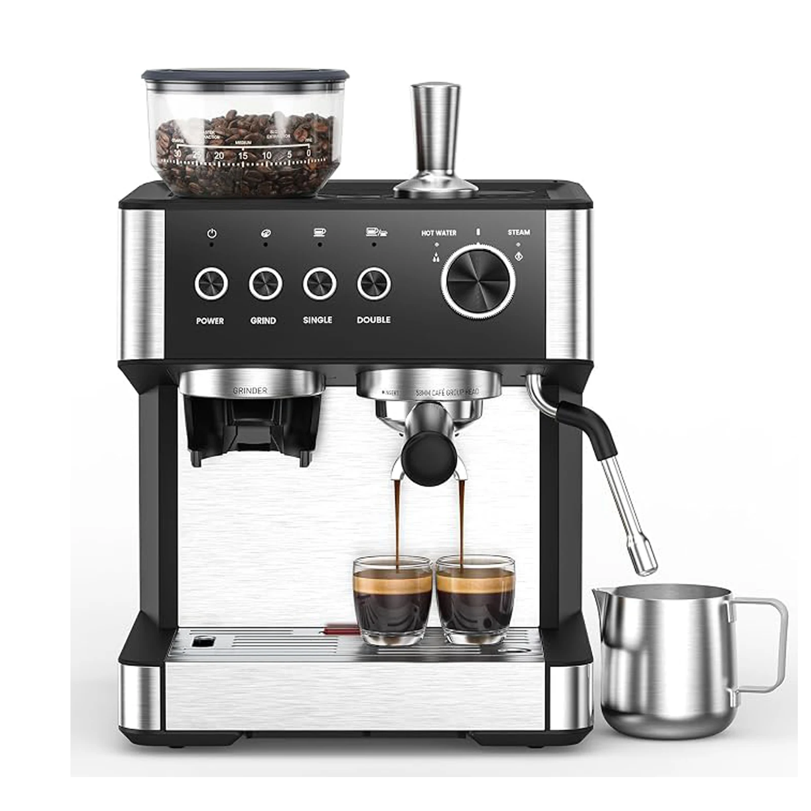 Portafilter-Maschine mit Mahlwerk, 15 Bar Espressomaschine mit Milchaufschäumer und intuitiver Bedienoberfläche, 30 Mahlstufen, 2,3 L abnehmbarer Wassertank, bis zu 2 Tassen für Zuhause und Büro