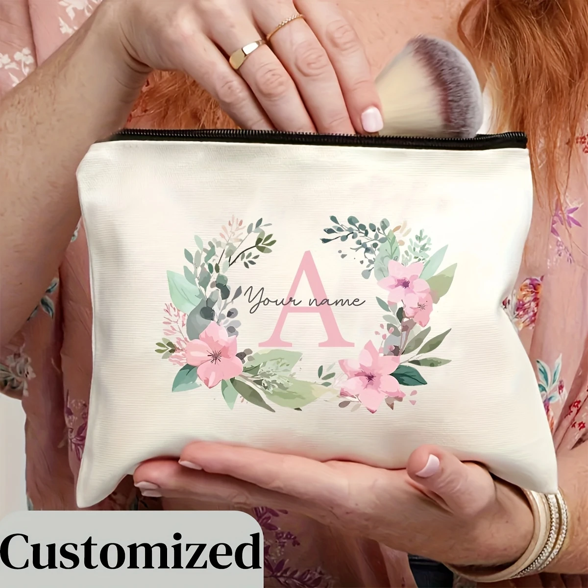Custom Watercolor Floral Initial Zipper Toiletry Bag Light Portable Storage Holiday Gift For Mom Teacher Ladies