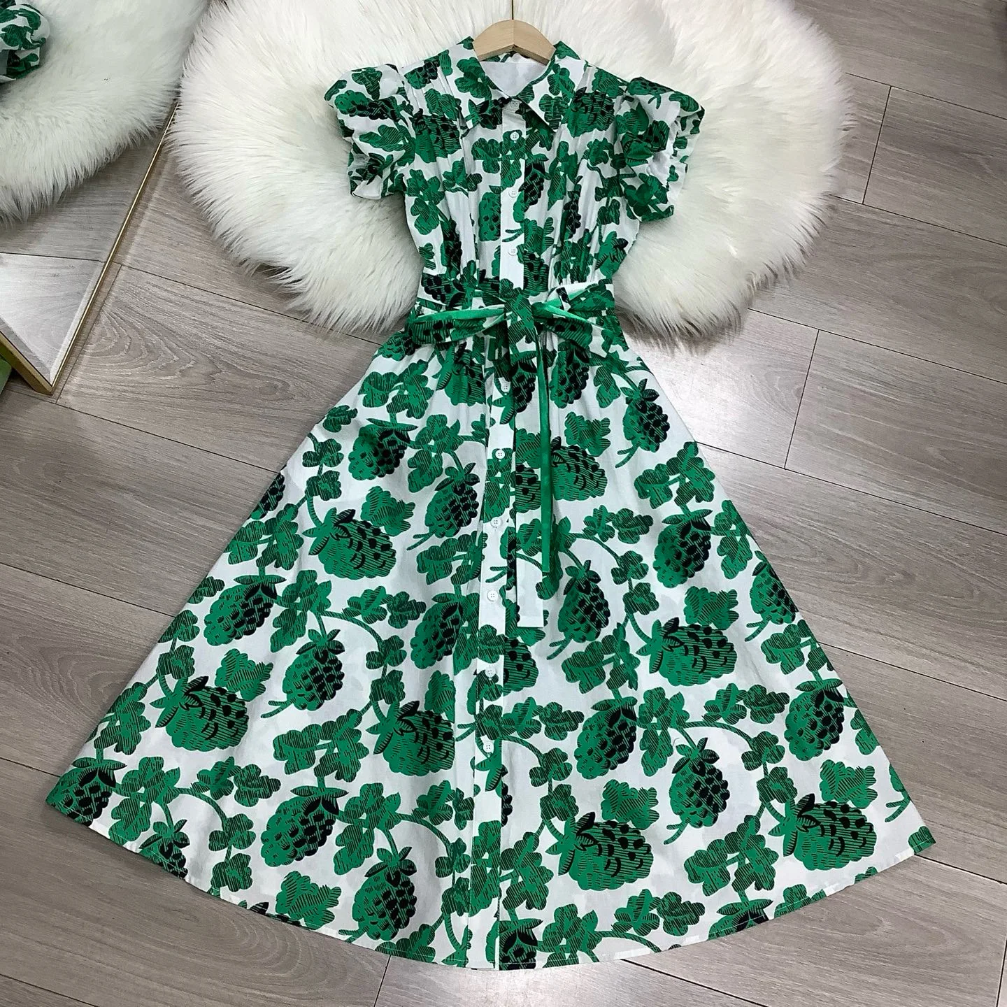 Luxuriöses, elegantes, lässiges Damenkleid aus 100 % Baumwolle mit bedrucktem Gürtel