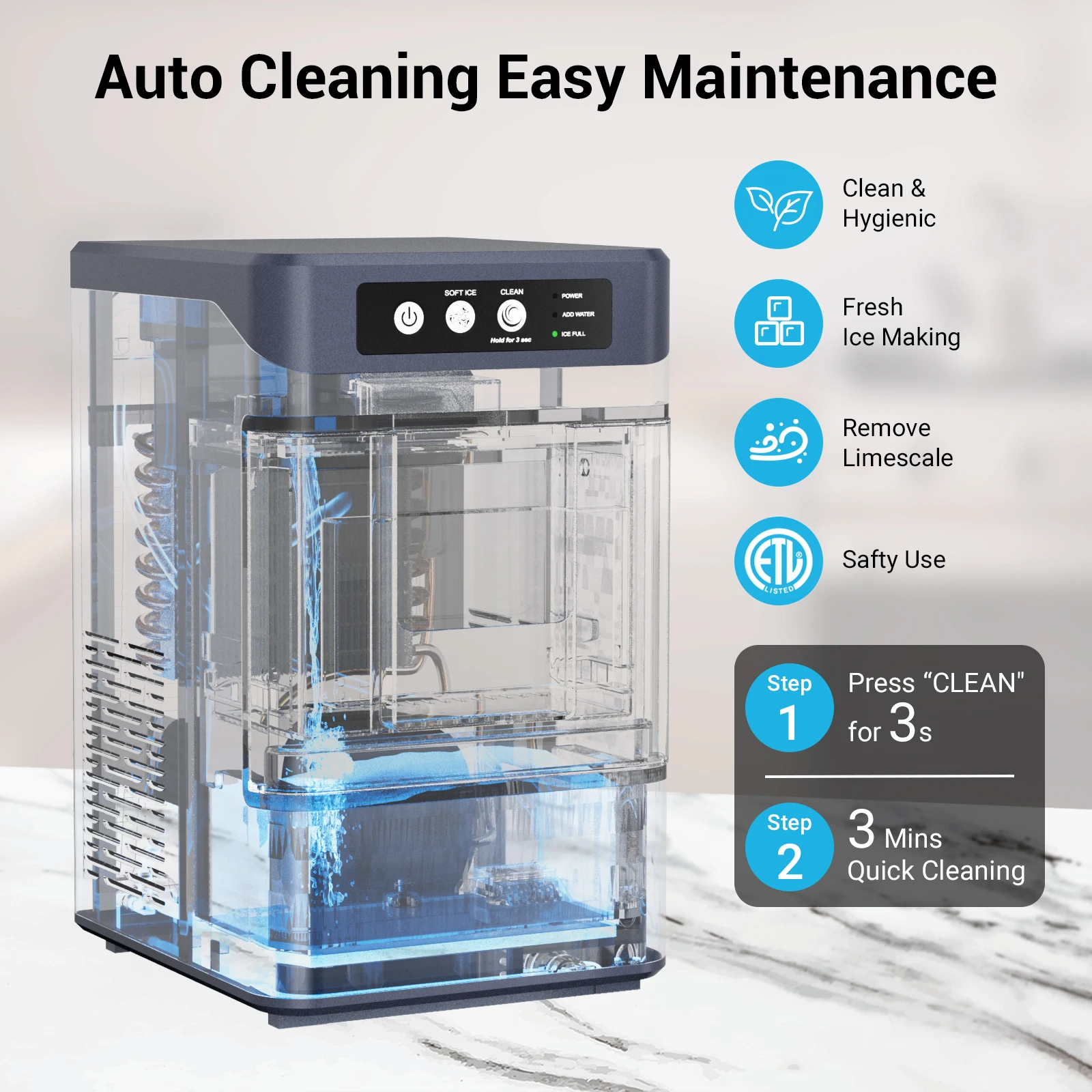 الكتلة صانع الثلج كونترتوب مع خزان المياه الجانبية 40 رطل/يوم التنظيف الذاتي حصاة آلة صنع الثلج لينة مضغ بيليه الجليد