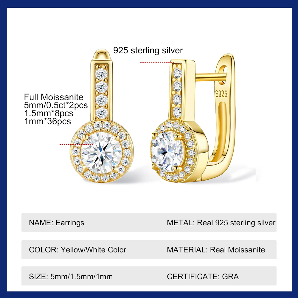 0.5CT All Moissanite Hoop Earrings for Women 925 Sterling Silver Brilliant Round Diamond Huggies Earrings Wedding Bridal Jewelry