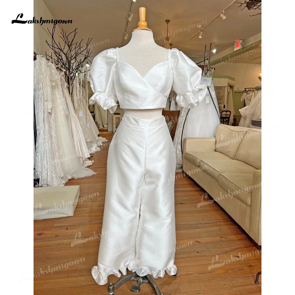 Simple Sexy Sweetheart Short Puff Sleeve Back Button Pleat Satin Jumpsuit Wedding Dress Custom For Women Boho Bride Gown Vestido